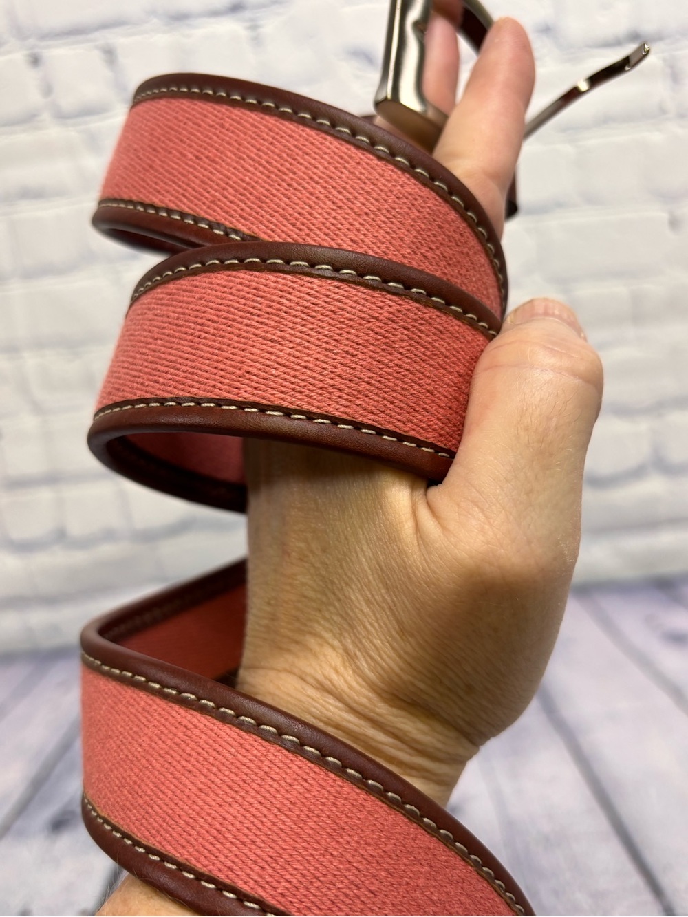 YRI Nantucket Red Canvas Brown Leather Classic Golf Preppy Surcingle Belt 36